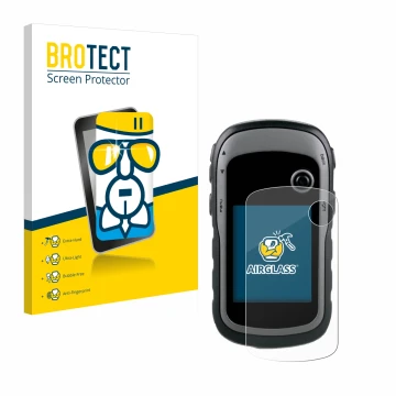 Front side of a product packaging with the brand logo BROTECT. Next to it is the device Garmin eTrex 30x shown with the corres