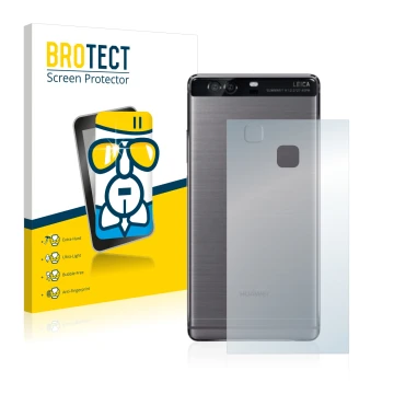 Front side of a product packaging with the brand logo BROTECT. Next to it is the device Huawei P9 Plus (Back) shown with the c