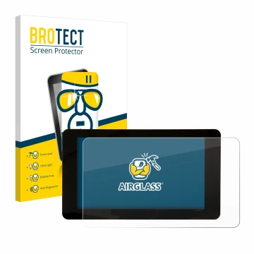 Front side of a product packaging with the brand logo BROTECT. Next to it is the device Raspberry Pi Touchscreen 7