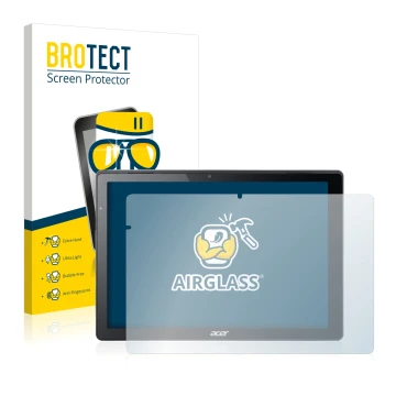 Front side of a product packaging with the brand logo BROTECT. Next to it is the device Acer Switch Alpha 12 shown with the co