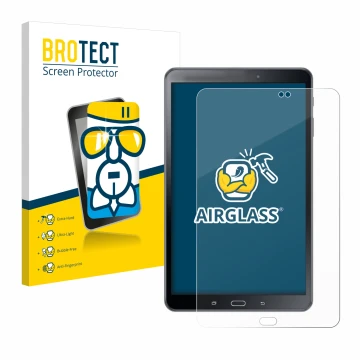 Front side of a product packaging with the brand logo BROTECT. Next to it is the device Samsung Galaxy Tab A 10.1 2016 SM-T585