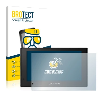 Front side of a product packaging with the brand logo BROTECT. Next to it is the device Garmin DriveSmart 50 LMT-D shown with 