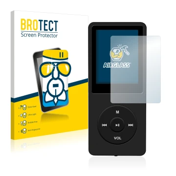 Front side of a product packaging with the brand logo BROTECT. Next to it is the device AGPtek 8GB MP3-Player shown with the c