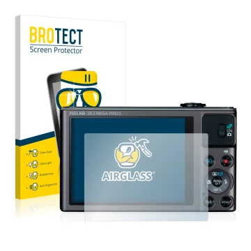 Front side of a product packaging with the brand logo BROTECT. Next to it is the device Canon PowerShot SX620 HS shown with th