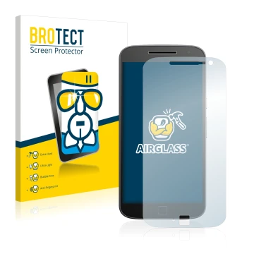Front side of a product packaging with the brand logo BROTECT. Next to it is the device Motorola Moto G4 Plus shown with the c