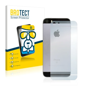 Front side of a product packaging with the brand logo BROTECT. Next to it is the device Apple iPhone SE 2016 Back (entire surf