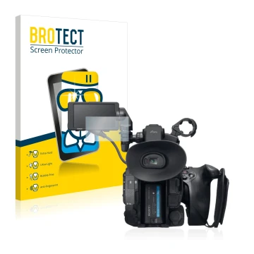 Front side of a product packaging with the brand logo BROTECT. Next to it is the device Sony PXW-FS5 shown with the correspond