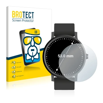 Front side of a product packaging with the brand logo BROTECT. Next to it is the device Watches (Circular, ø: 53 mm) shown wit