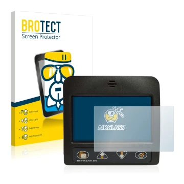 Front side of a product packaging with the brand logo BROTECT. Next to it is the device Skytraxx 3.0 Vario shown with the corr