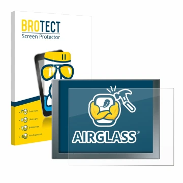 Front side of a product packaging with the brand logo BROTECT. Next to it is the device Siemens Simatic HMI KTP 1200 Basic sho