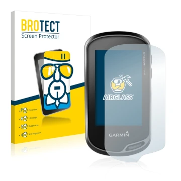 Front side of a product packaging with the brand logo BROTECT. Next to it is the device Garmin Oregon 750t shown with the corr