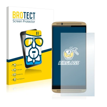 Front side of a product packaging with the brand logo BROTECT. Next to it is the device ZTE Axon 7 shown with the correspondin
