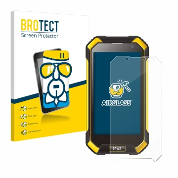 Front side of a product packaging with the brand logo BROTECT. Next to it is the device Blackview BV6000 shown with the corres