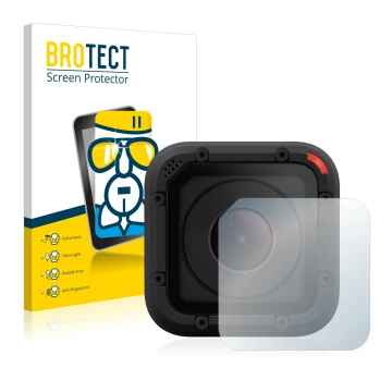 Front side of a product packaging with the brand logo BROTECT. Next to it is the device GoPro Hero Session shown with the corr