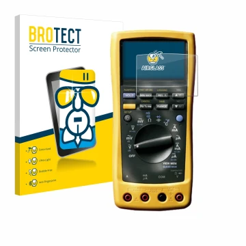 Front side of a product packaging with the brand logo BROTECT. Next to it is the device Fluke MultiMeter 189 shown with the co