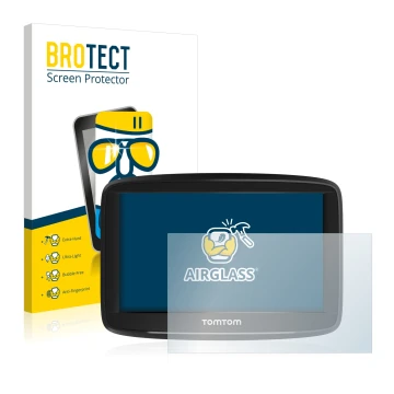 Front side of a product packaging with the brand logo BROTECT. Next to it is the device TomTom Start 52 shown with the corresp