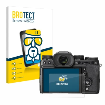 Front side of a product packaging with the brand logo BROTECT. Next to it is the device Fujifilm X-T2 shown with the correspon