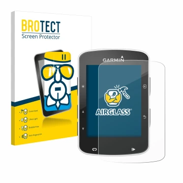 Front side of a product packaging with the brand logo BROTECT. Next to it is the device Garmin Edge 820 shown with the corresp