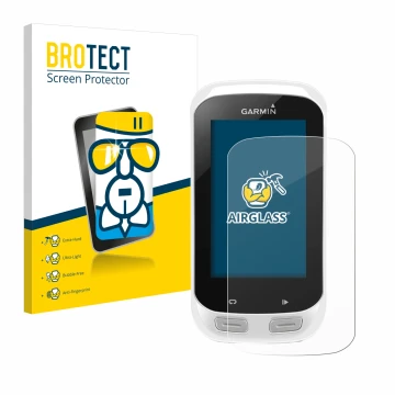 Front side of a product packaging with the brand logo BROTECT. Next to it is the device Garmin Edge Explore 1000 shown with th