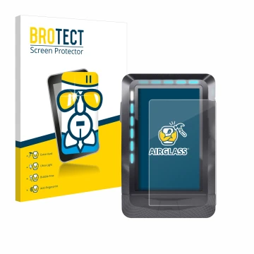 Front side of a product packaging with the brand logo BROTECT. Next to it is the device Wahoo Elemnt GPS shown with the corres
