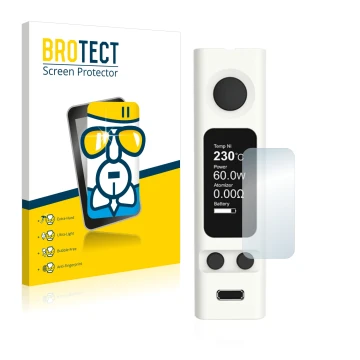 Front side of a product packaging with the brand logo BROTECT. Next to it is the device Joyetech eVic VTwo Mini shown with the