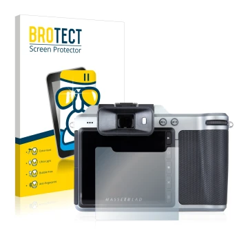 Front side of a product packaging with the brand logo BROTECT. Next to it is the device Hasselblad X1D-50c shown with the corr