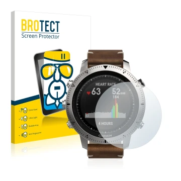Front side of a product packaging with the brand logo BROTECT. Next to it is the device Garmin Fenix Chronos shown with the co