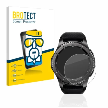 Front side of a product packaging with the brand logo BROTECT. Next to it is the device Samsung Gear S3 Frontier shown with th