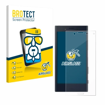 Front side of a product packaging with the brand logo BROTECT. Next to it is the device Sony Xperia X Compact shown with the c