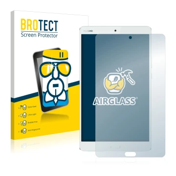 Front side of a product packaging with the brand logo BROTECT. Next to it is the device Huawei MediaPad M3 8.4 shown with the 