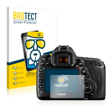 Front side of a product packaging with the brand logo BROTECT. Next to it is the device Canon EOS 5D Mark IV shown with the co