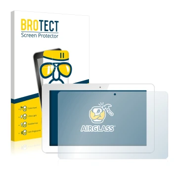 Front side of a product packaging with the brand logo BROTECT. Next to it is the device Odys Rise 10 Quad shown with the corre