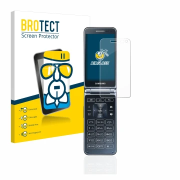 Front side of a product packaging with the brand logo BROTECT. Next to it is the device Samsung Galaxy Folder 2 shown with the