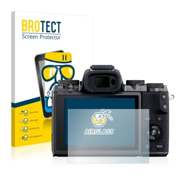Front side of a product packaging with the brand logo BROTECT. Next to it is the device Canon EOS M5 shown with the correspond