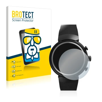 Front side of a product packaging with the brand logo BROTECT. Next to it is the device ASUS ZenWatch 3 1.39