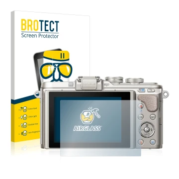 Front side of a product packaging with the brand logo BROTECT. Next to it is the device Olympus PEN E-PL8 shown with the corre