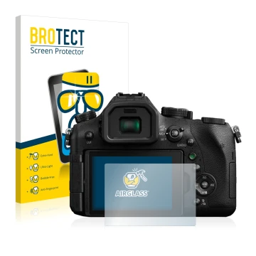 Front side of a product packaging with the brand logo BROTECT. Next to it is the device Panasonic Lumix DMC-FZ2000 shown with 