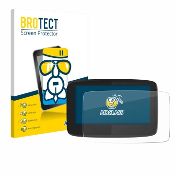 Front side of a product packaging with the brand logo BROTECT. Next to it is the device TomTom GO 620 shown with the correspon