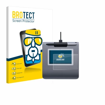 Front side of a product packaging with the brand logo BROTECT. Next to it is the device Wacom STU-430 shown with the correspon