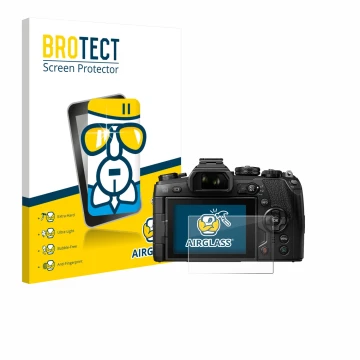 Front side of a product packaging with the brand logo BROTECT. Next to it is the device Olympus OM-D E-M1 Mark II shown with t