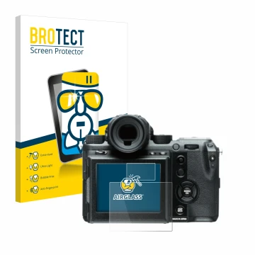 Front side of a product packaging with the brand logo BROTECT. Next to it is the device Fujifilm GFX50S shown with the corresp