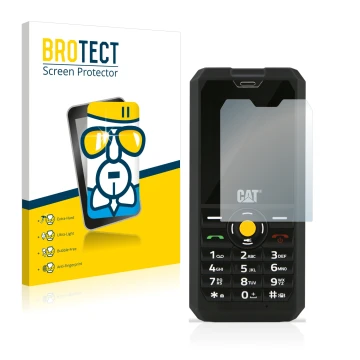 Front side of a product packaging with the brand logo BROTECT. Next to it is the device Caterpillar Cat B30 shown with the cor