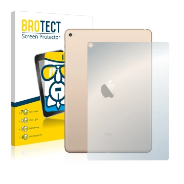 Front side of a product packaging with the brand logo BROTECT. Next to it is the device Apple iPad Air 2 2014 (Back) shown wit
