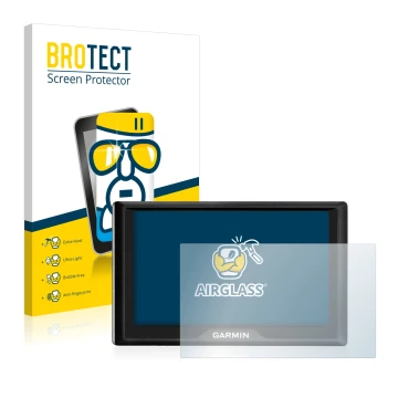 Front side of a product packaging with the brand logo BROTECT. Next to it is the device Garmin Drive 50 LM shown with the corr
