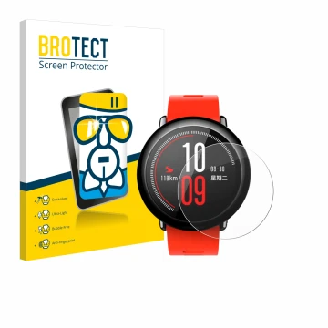 Front side of a product packaging with the brand logo BROTECT. Next to it is the device Huami Amazfit Pace shown with the corr