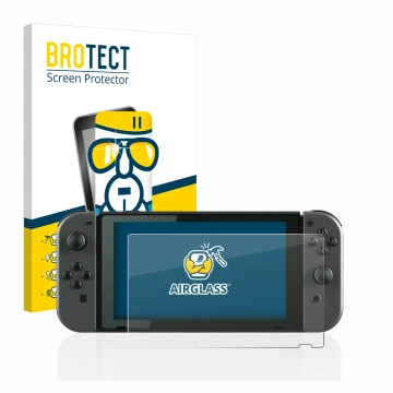 Front side of a product packaging with the brand logo BROTECT. Next to it is the device Nintendo Switch shown with the corresp