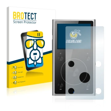 Front side of a product packaging with the brand logo BROTECT. Next to it is the device FiiO X1 II shown with the correspondin