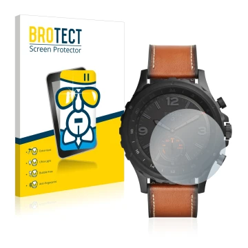 Front side of a product packaging with the brand logo BROTECT. Next to it is the device Fossil Q Nate shown with the correspon