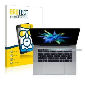 Front side of a product packaging with the brand logo BROTECT. Next to it is the device Apple MacBook Pro 15