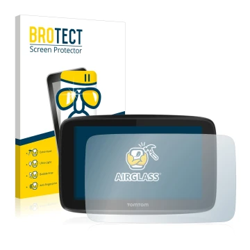 Front side of a product packaging with the brand logo BROTECT. Next to it is the device TomTom GO 5200 shown with the correspo